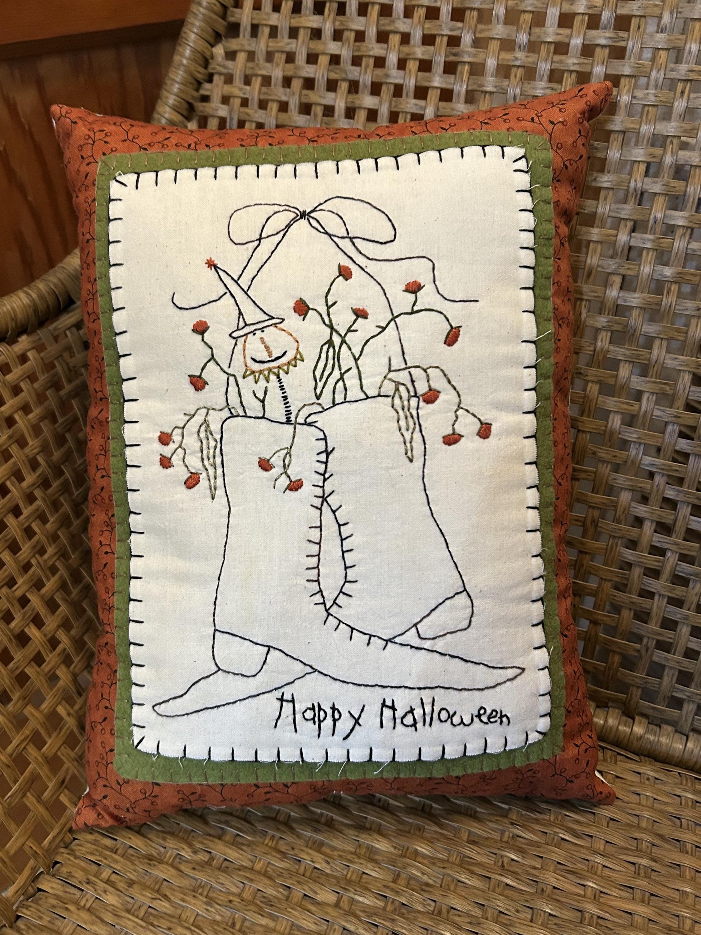 Primitive Happy Halloween Witch Boots Stitchery Pillow | Handmade Halloween Decor