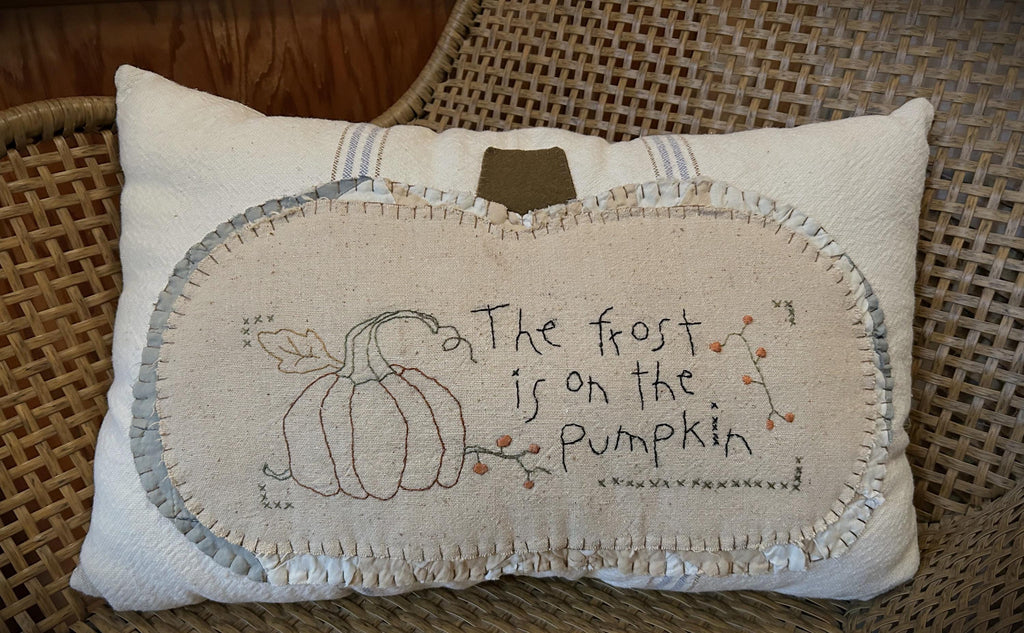 Primitive Grain Sack Fall Stitchery Pumpkin Pillow | Handmade Fall Decor