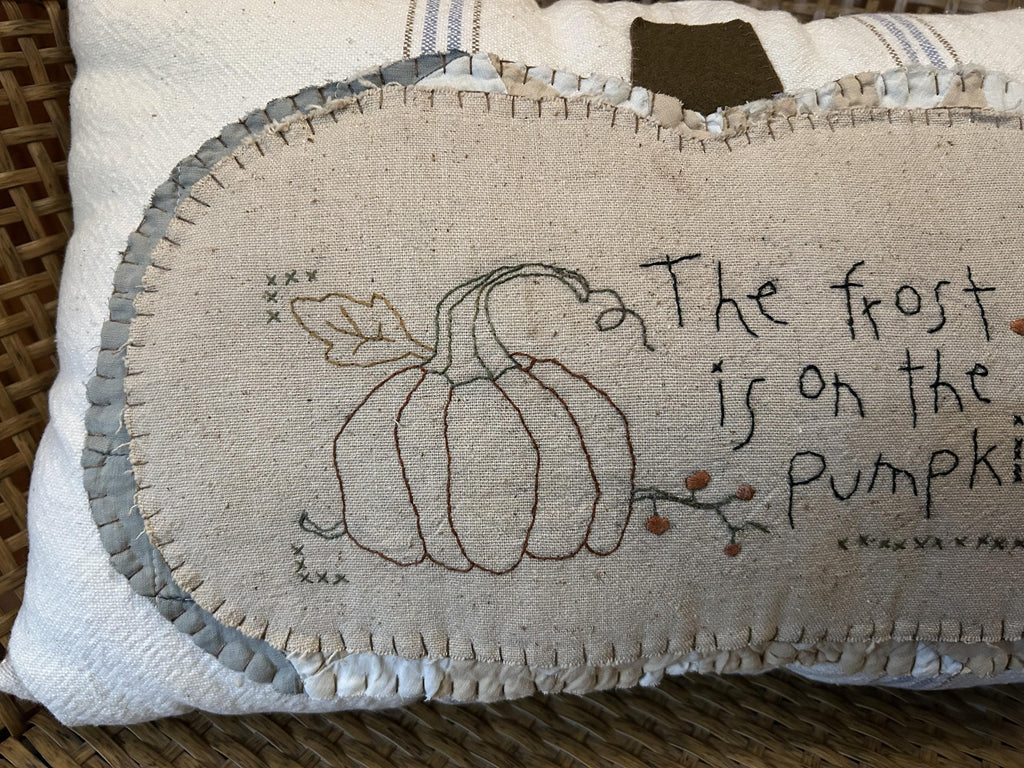 Primitive Grain Sack Fall Stitchery Pumpkin Pillow | Handmade Fall Decor