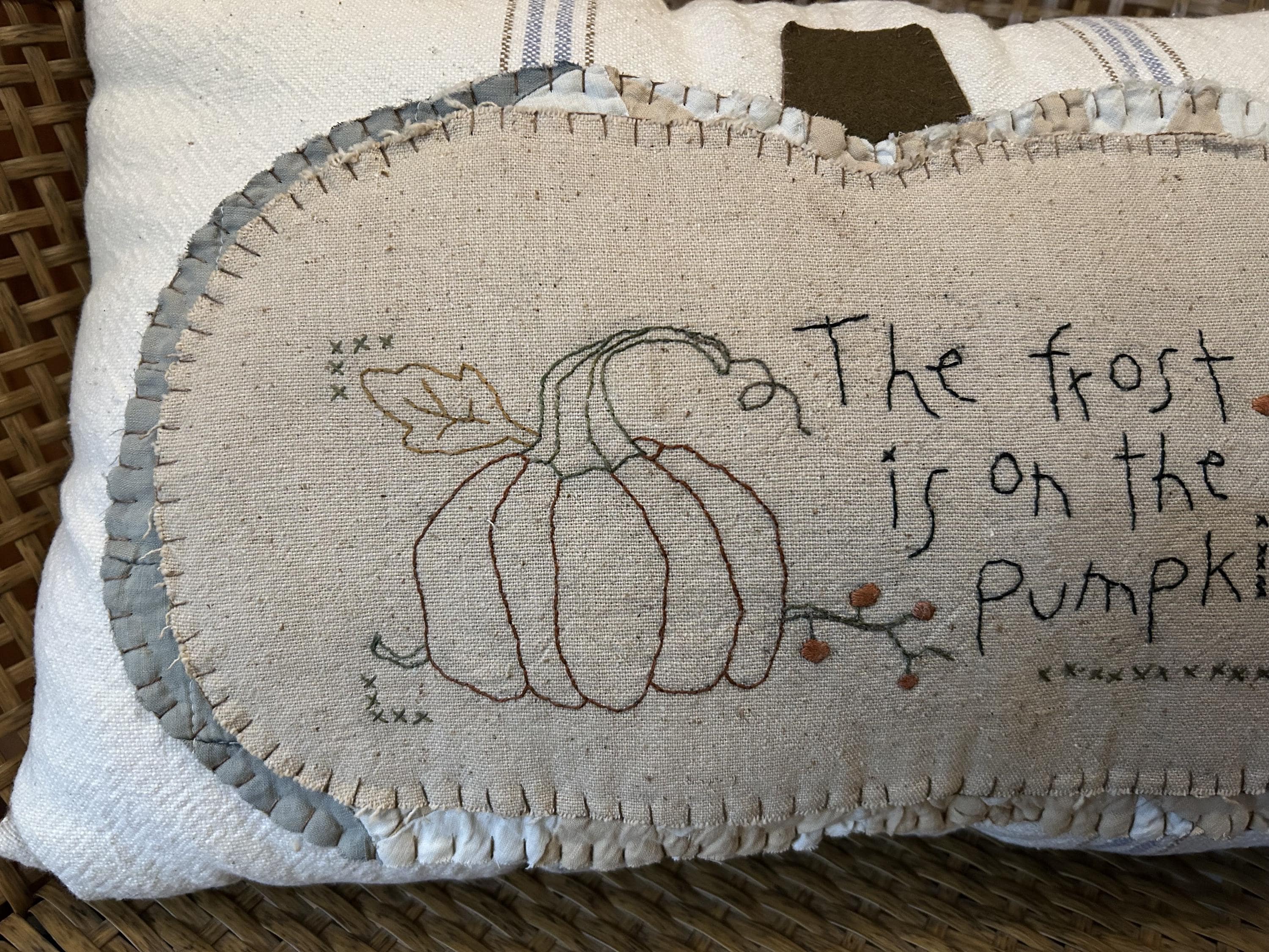 Primitive Grain Sack Fall Stitchery Pumpkin Pillow | Handmade Fall Decor