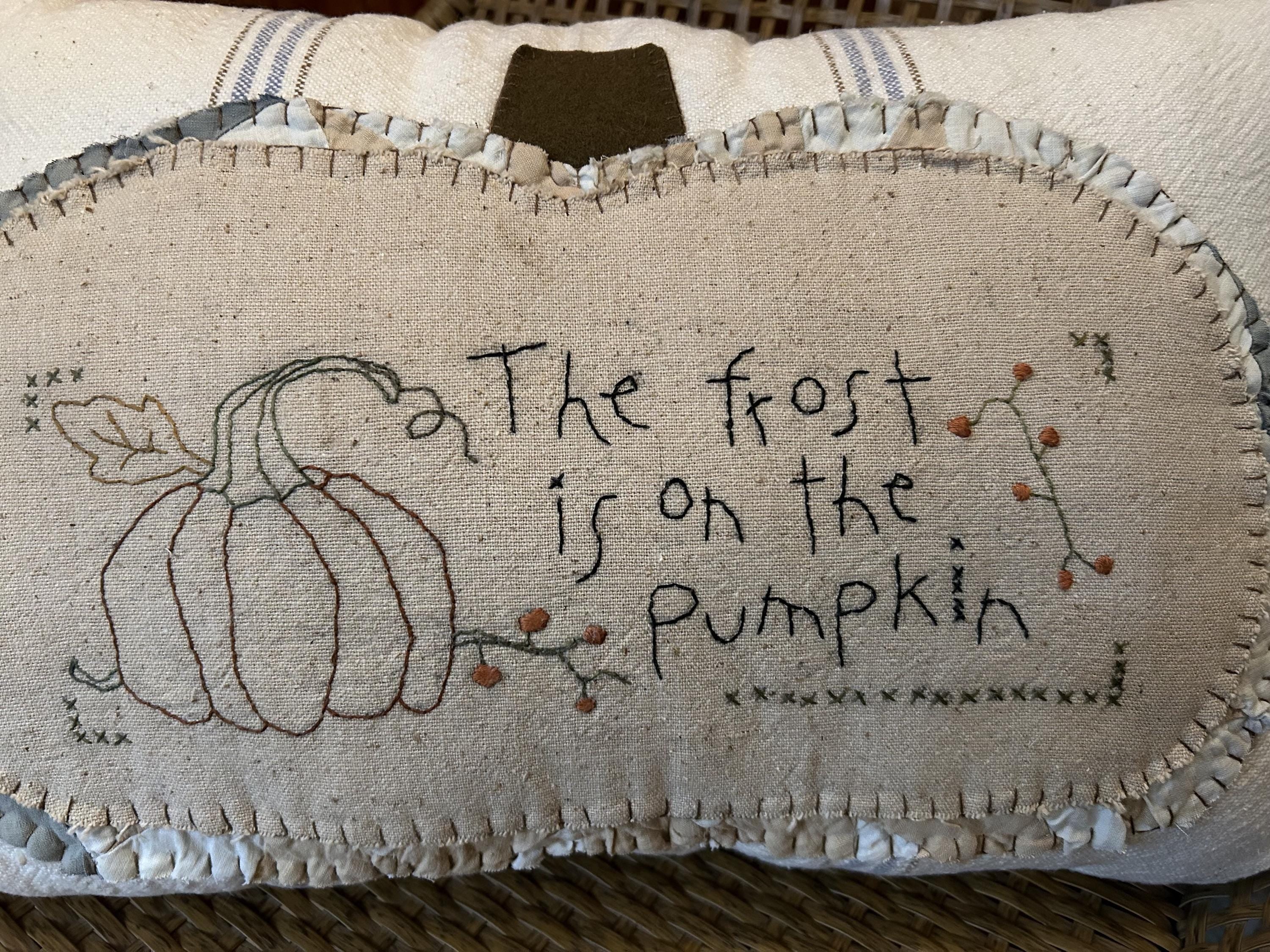 Primitive Grain Sack Fall Stitchery Pumpkin Pillow | Handmade Fall Decor