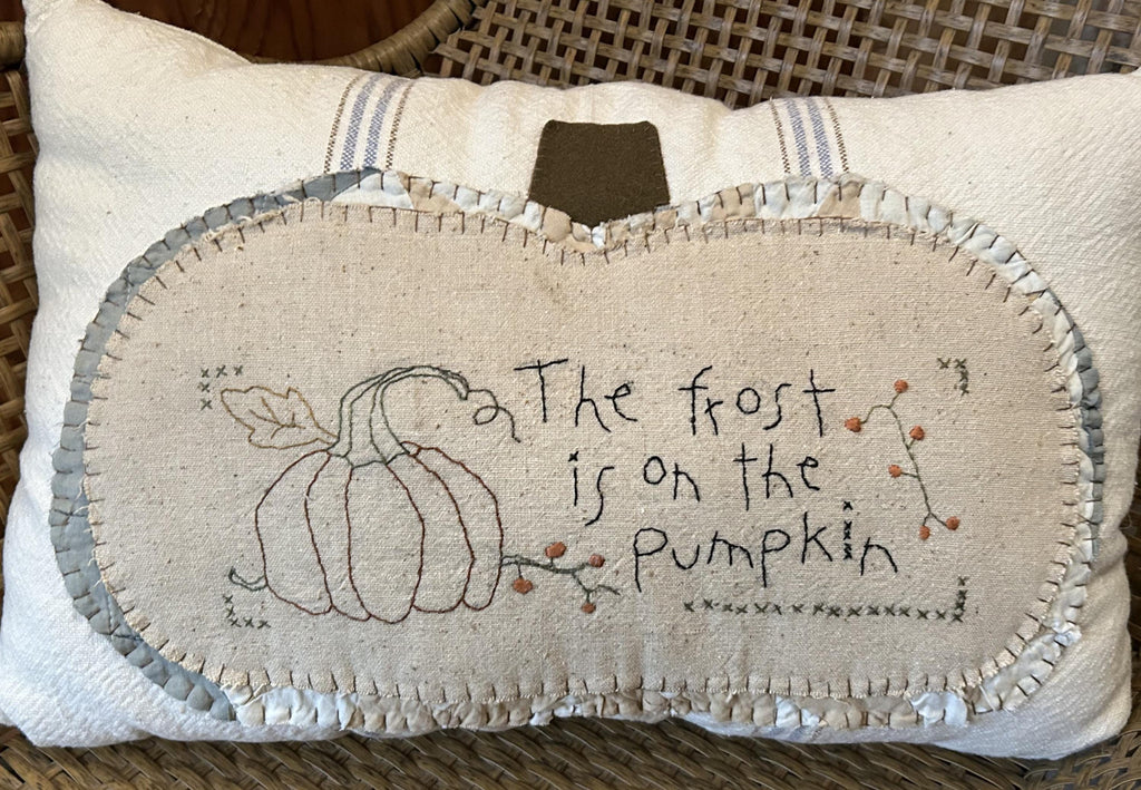 Primitive Grain Sack Fall Stitchery Pumpkin Pillow | Handmade Fall Decor