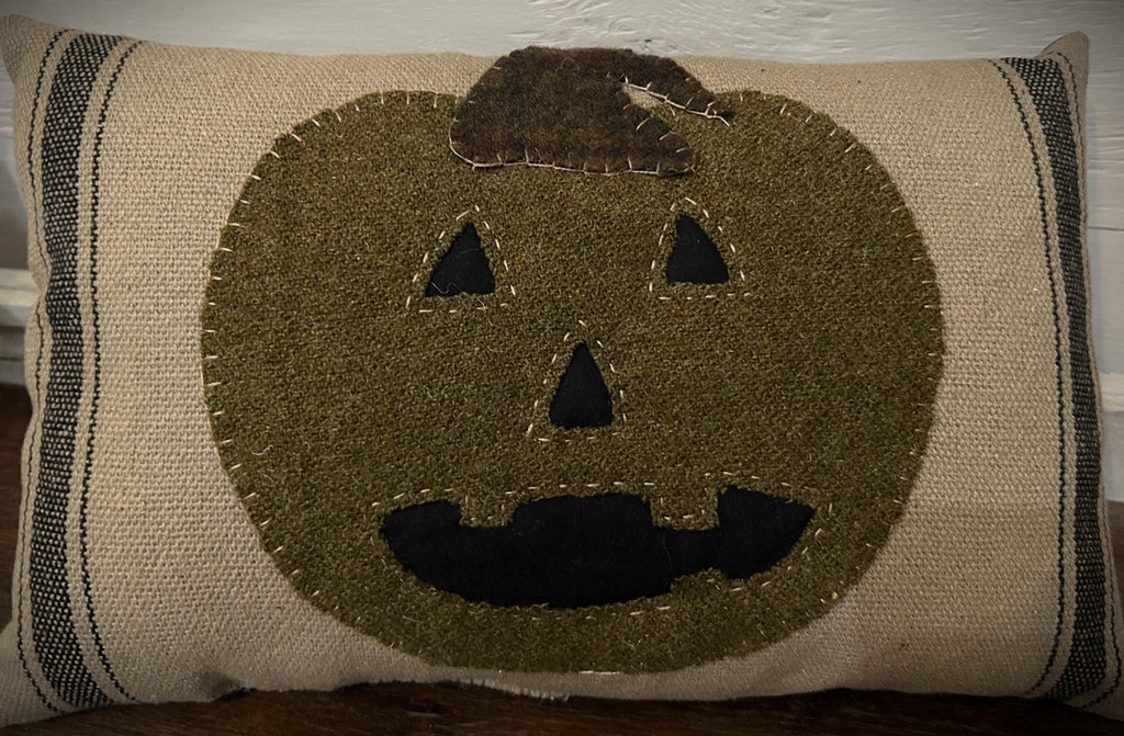 Primitive Wool Jack O Lantern Fall Pillow | Primitive Halloween Decor