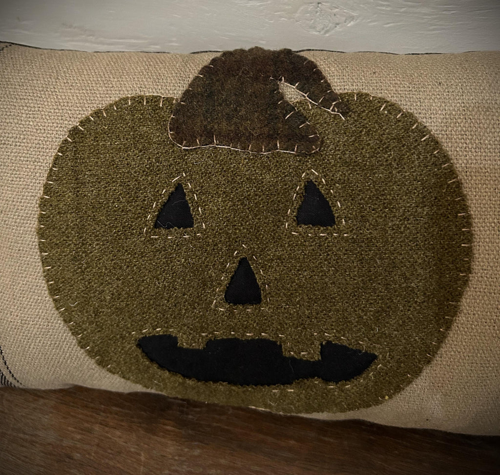 Primitive Wool Jack O Lantern Fall Pillow | Primitive Halloween Decor