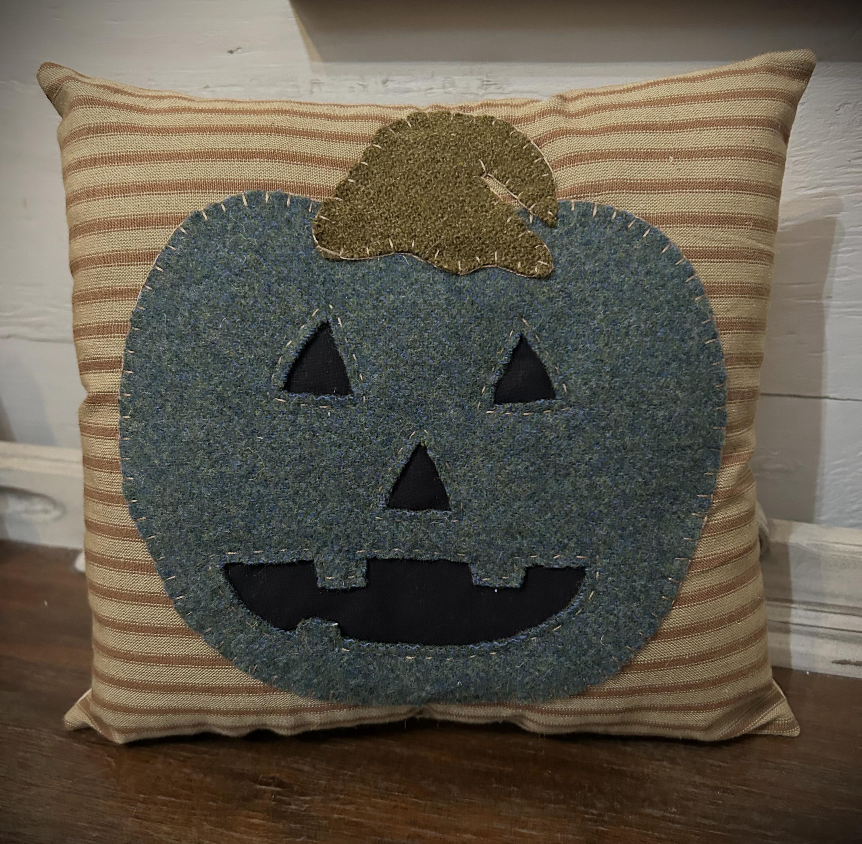 Handmade Jack O Lantern Halloween Wool Pillow | Handstitched Halloween Decor