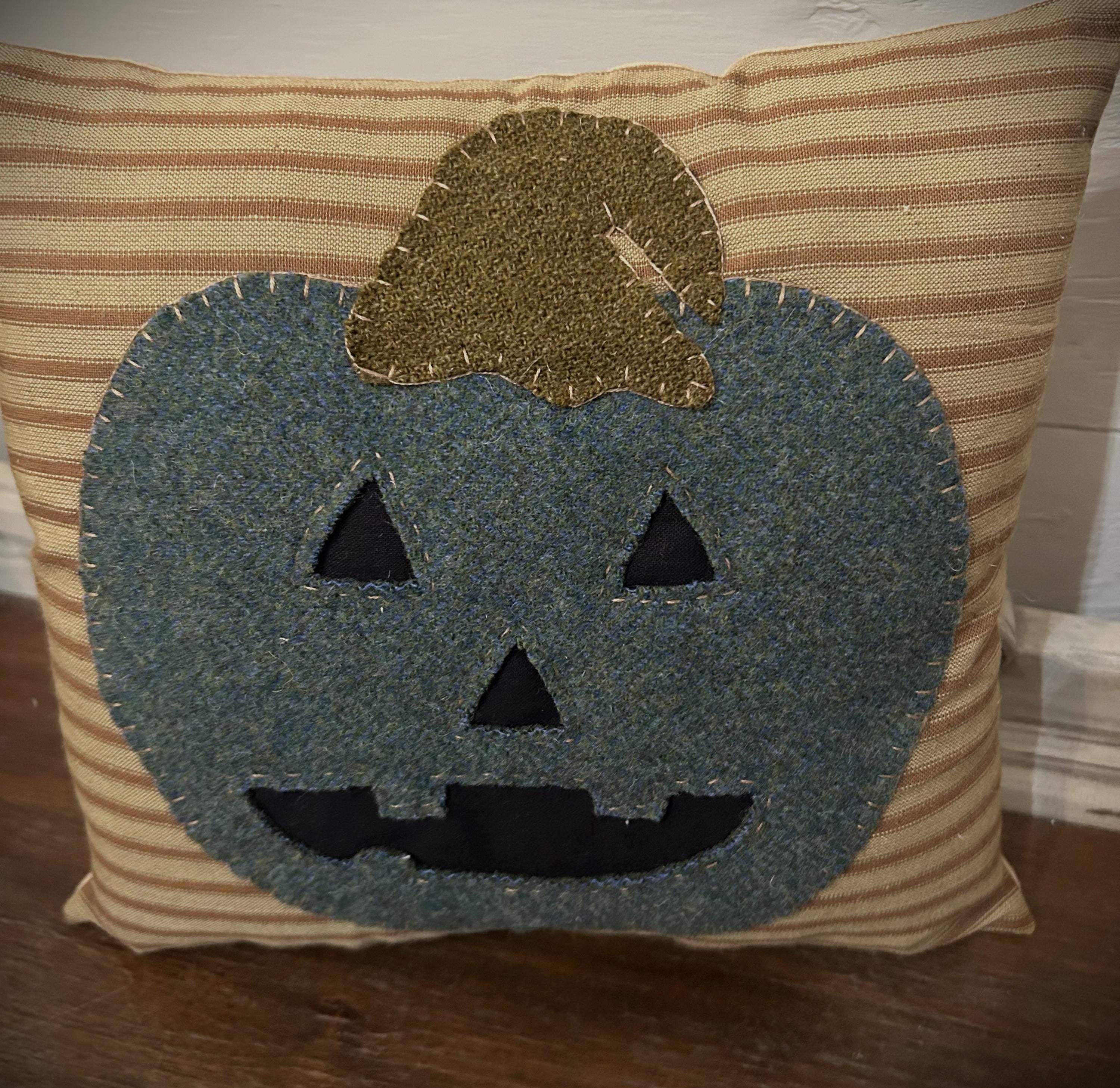 Handmade Jack O Lantern Halloween Wool Pillow | Handstitched Halloween Decor
