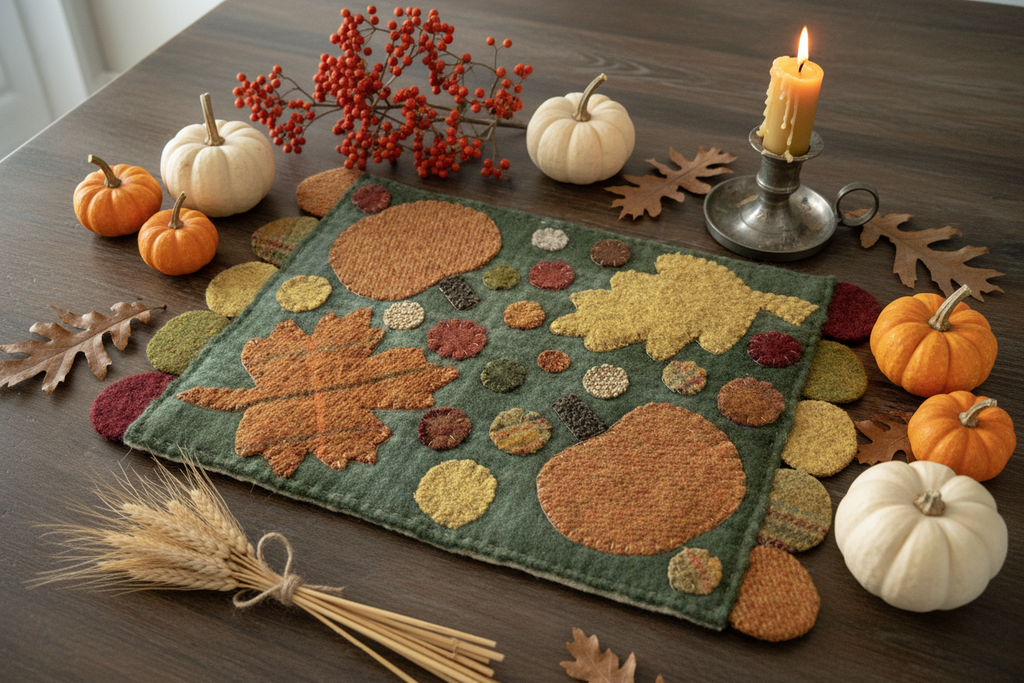 Primitive wool penny mat with fall leaves and pumpkins styled in a cozy farmhouse fall table scene