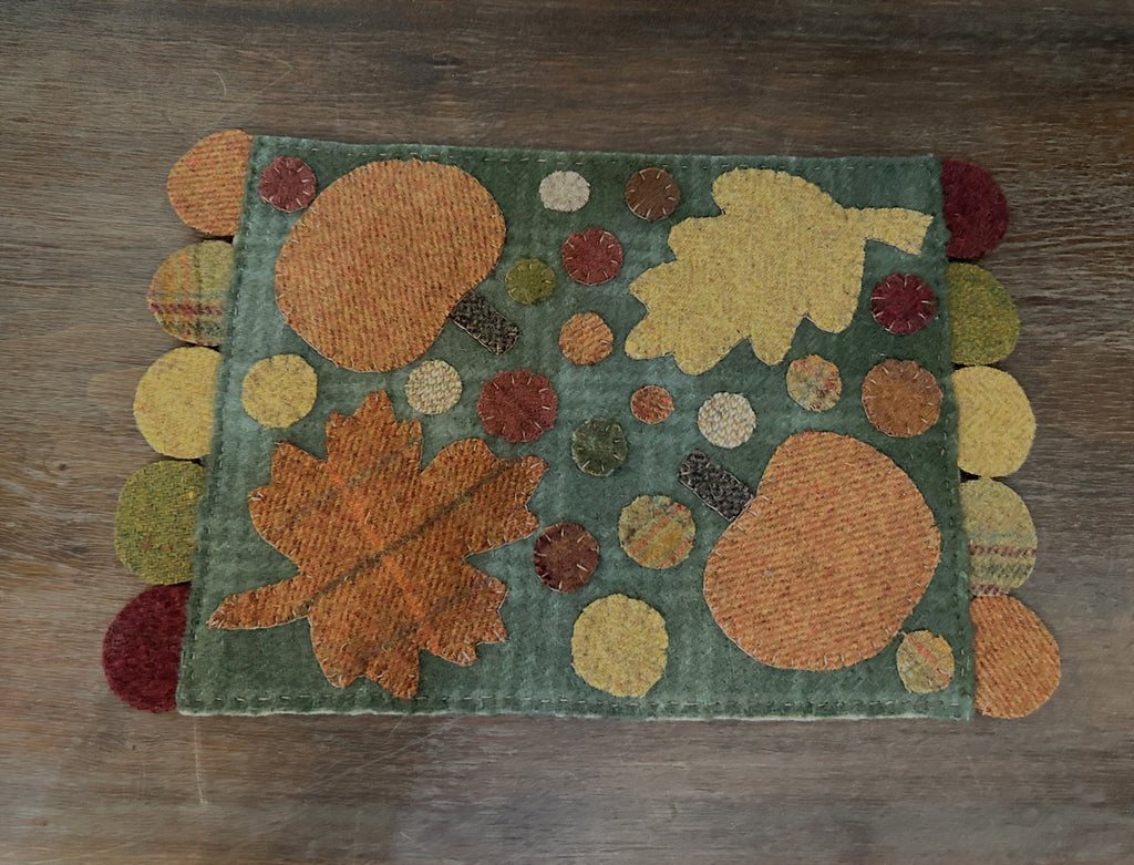 Primitive Wool Penny Mat | Fall Leaves & Pumpkins | Handstitched Wool Appliqué | OOAK