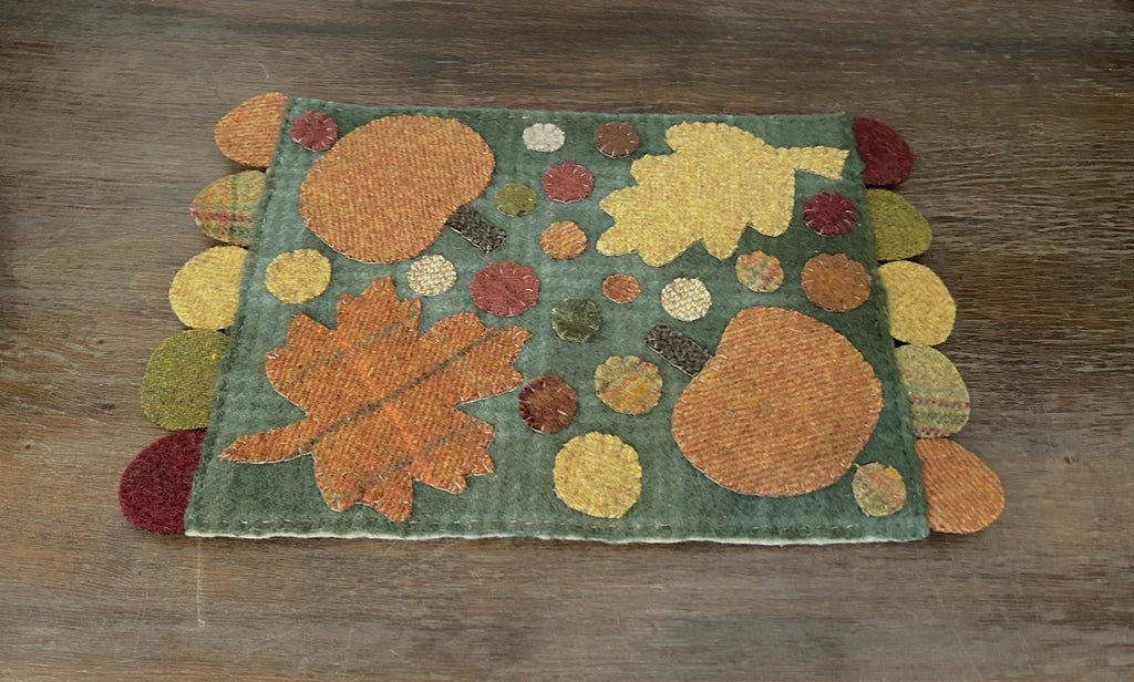 Primitive Wool Penny Mat | Fall Leaves & Pumpkins | Handstitched Wool Appliqué | OOAK