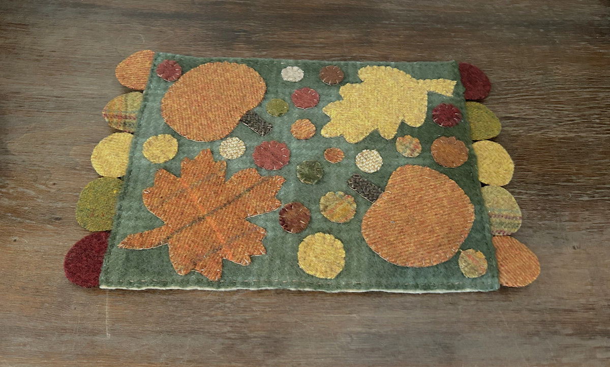 Primitive Wool Penny Mat | Fall Leaves & Pumpkins | Handstitched Wool Appliqué | OOAK