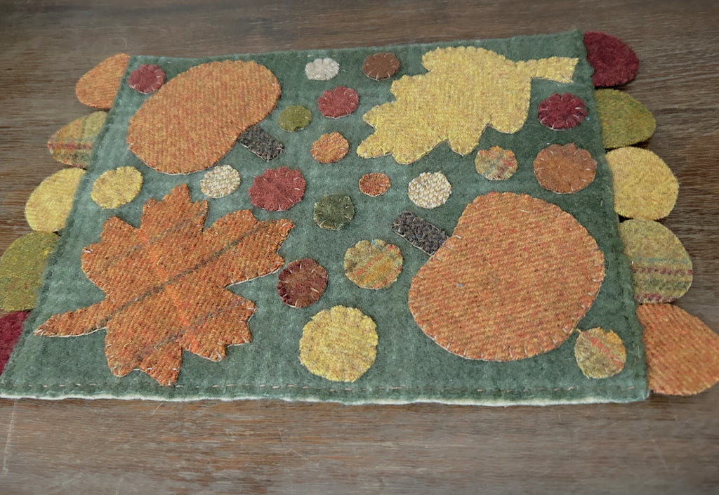 Primitive Wool Penny Mat | Fall Leaves & Pumpkins | Handstitched Wool Appliqué | OOAK