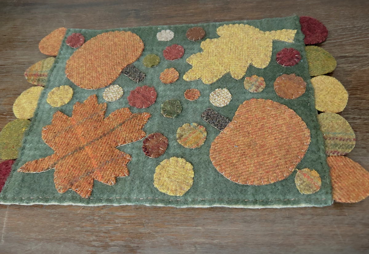 Primitive Wool Penny Mat | Fall Leaves & Pumpkins | Handstitched Wool Appliqué | OOAK