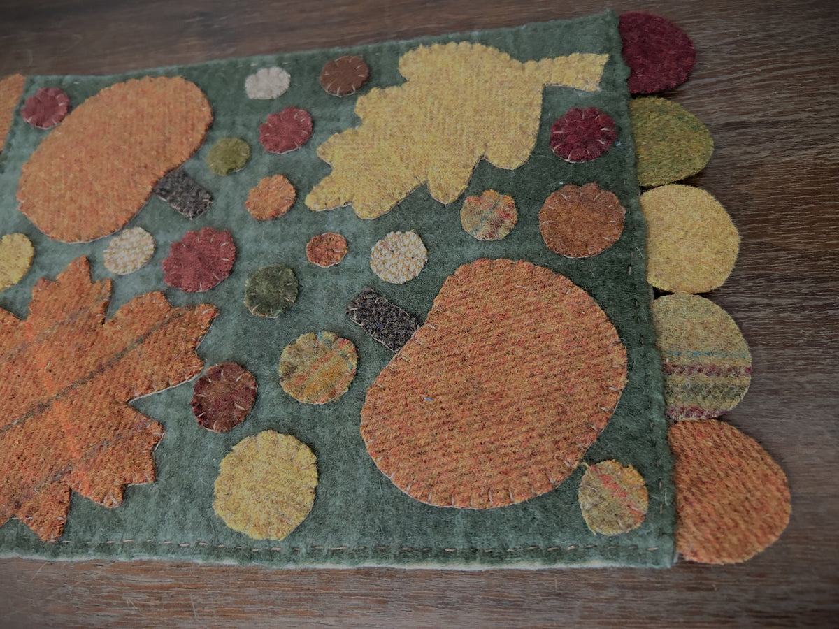 Primitive Wool Penny Mat | Fall Leaves & Pumpkins | Handstitched Wool Appliqué | OOAK