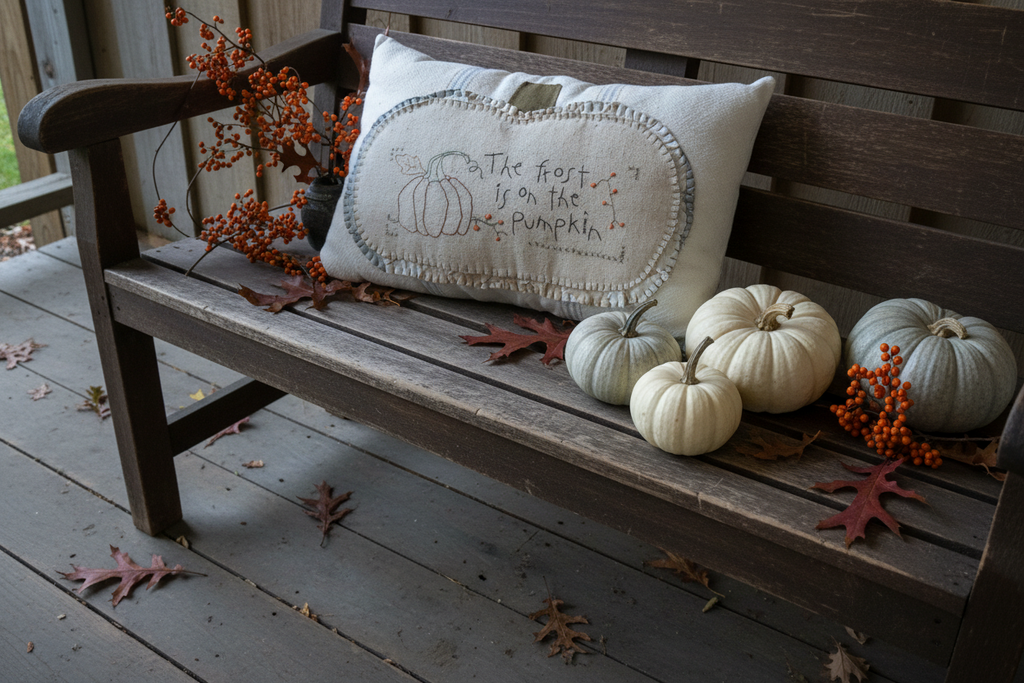 Primitive Grain Sack Fall Stitchery Pumpkin Pillow | Handmade Fall Decor