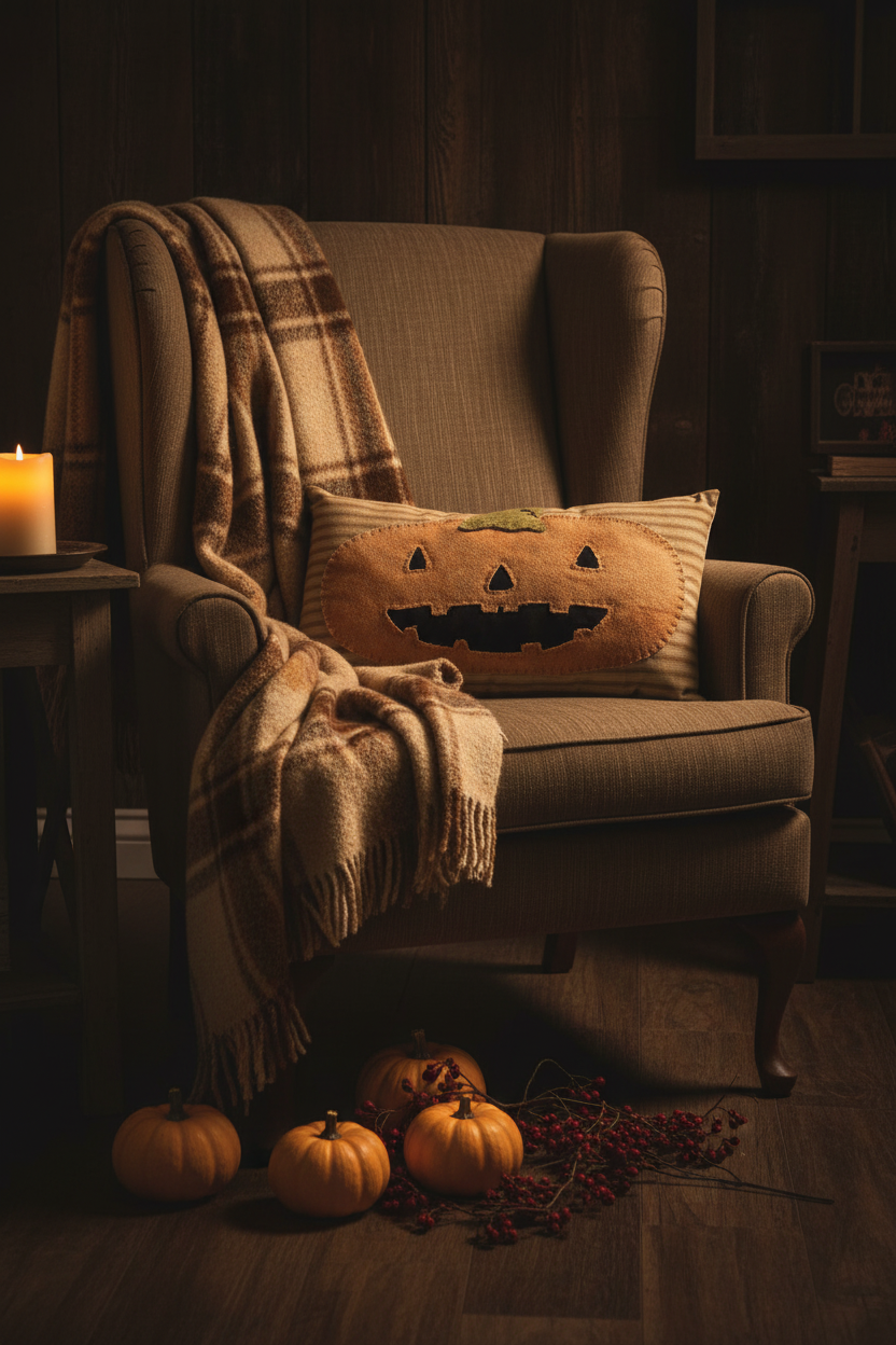 Primitive Jack O lantern Wool Applique Pillow | Handmade Fall Decor