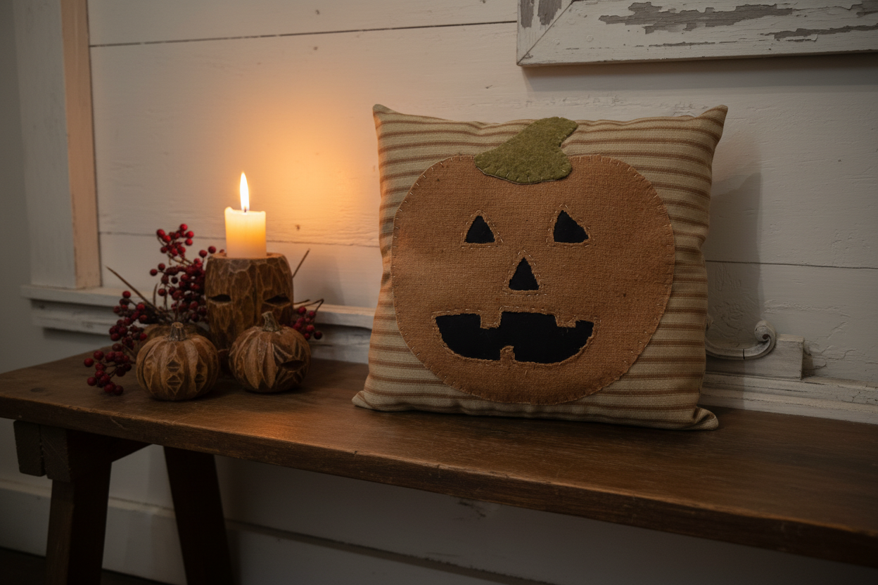 Primitive Jack O Lantern Handstitched Pillow | Primitive Fall Decor
