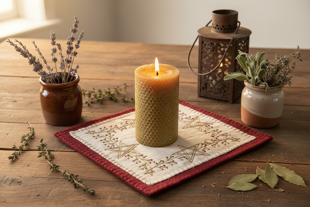 Primitive Handstitched Star and Vine Candle Mat - Farmhouse Style