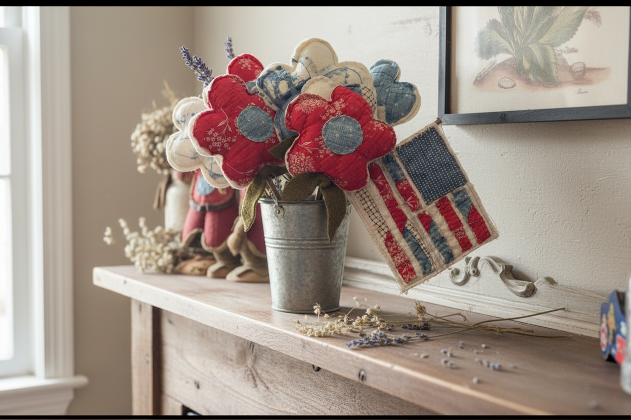 Primitive Set of 5 Antique Quilt Flowers with Grain Sack Flag