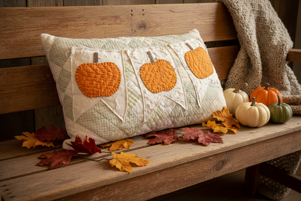 Handmade Fall Decor Antique Cutter Quilt Fall Pumpkin Banner Pillow
