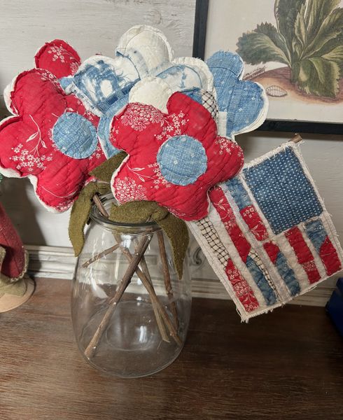 Primitive set of 5 Antique Quilt Flowers with Grain Sack Flag | Primitive Patriotic Decor