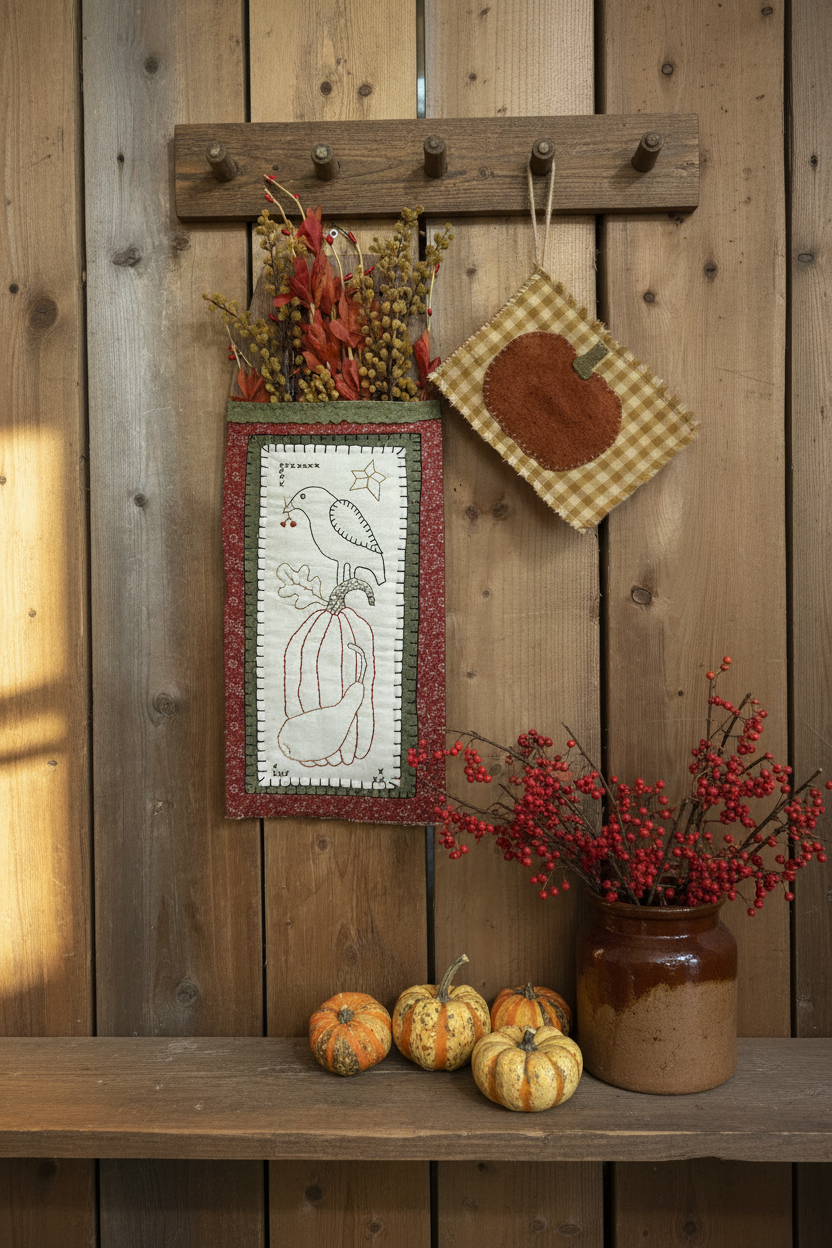 Primitive Fall Stitchery Pocket Hanger W/ Pumpkin Flag |  Handmade Fall Decor