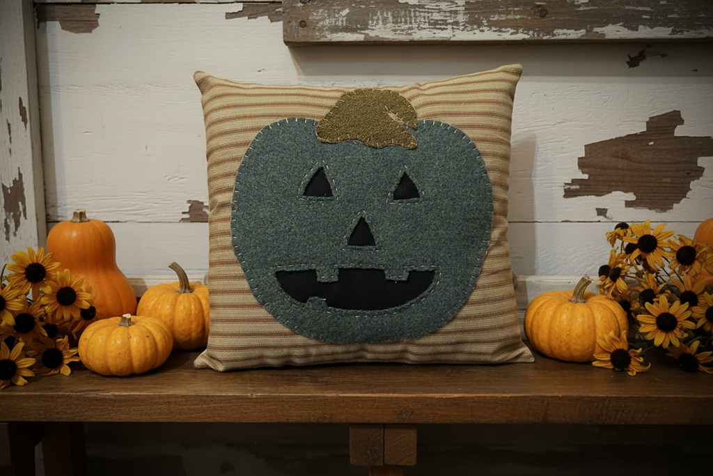 Handmade Jack O Lantern Halloween Wool Pillow | Handstitched Halloween Decor