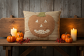 Primitive Jack O Lantern Wool Applique Pillow | Primitive Halloween Decor