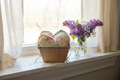 Handmade Antique Quilt Easter Eggs in Wood Berry Basket