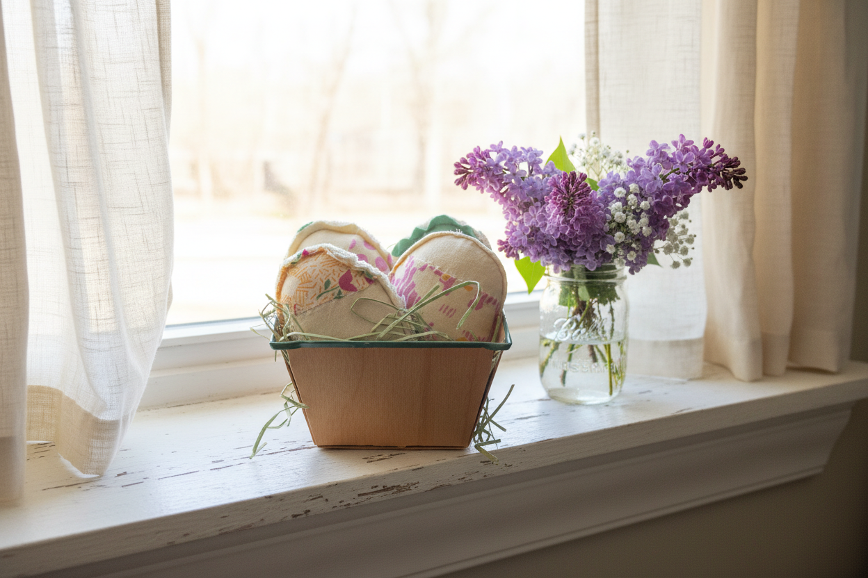 Handmade Antique Quilt Easter Eggs in Wood Berry Basket