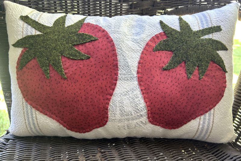 Handmade Vintage Grain Sack Pillow with Strawberries | Vintage Summer Decor