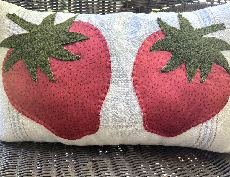 Handmade Vintage Grain Sack Pillow with Strawberries | Vintage Summer Decor
