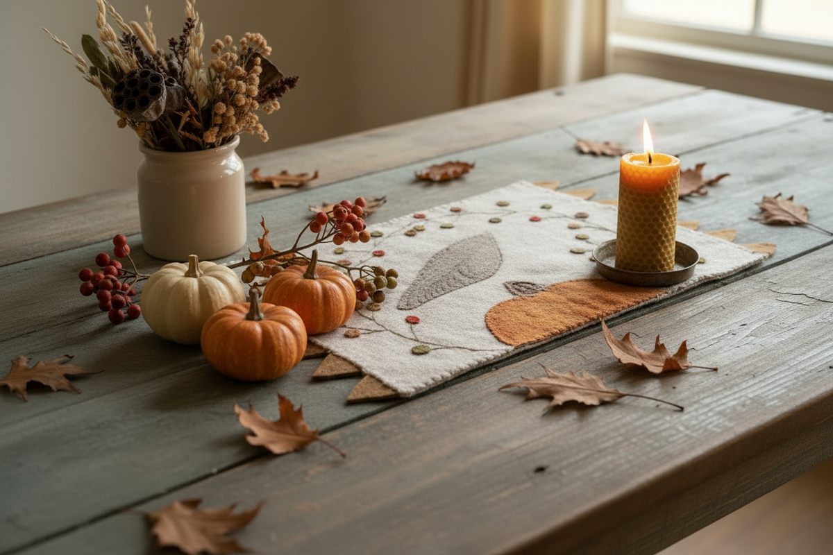 Primitive Wool Applique Thanksgiving Turkey Table Runner | Primitive Fall Decor