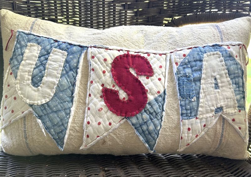 Antique Quilt and Grain Sack USA Banner Pillow | Handmade Vintage 4th of July Patriotic Decor