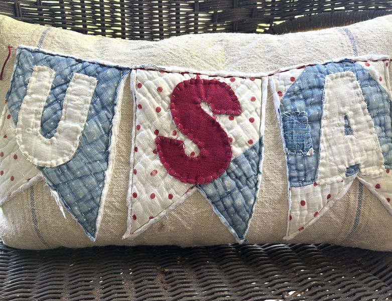 Antique Quilt and Grain Sack USA Banner Pillow | Handmade Vintage 4th of July Patriotic Decor