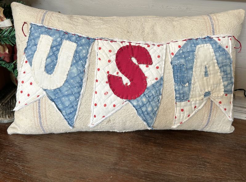 Antique Quilt and Grain Sack USA Banner Pillow | Handmade Vintage 4th of July Patriotic Decor