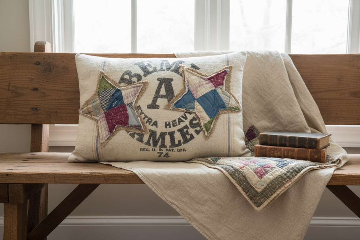 Vintage Bemis Grain Sack Star Pillow with Antique Quilt Stars