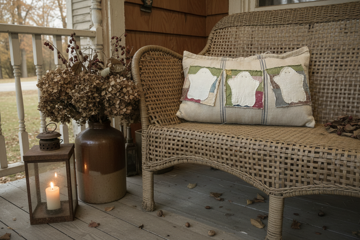 Antique Quilt and Grain Sack Ghost Trio Banner Pillow | Handmade Vintage Halloween Decor