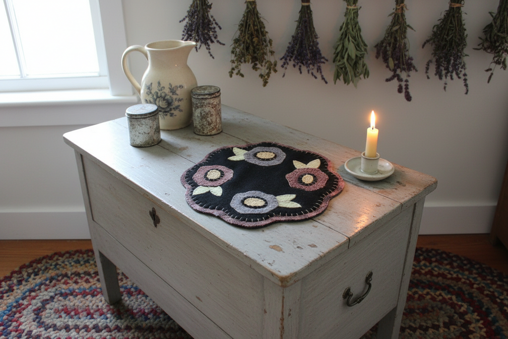 Wool Applique Floral Candle Mat | Handstitched Botanical Wool Table Mat
